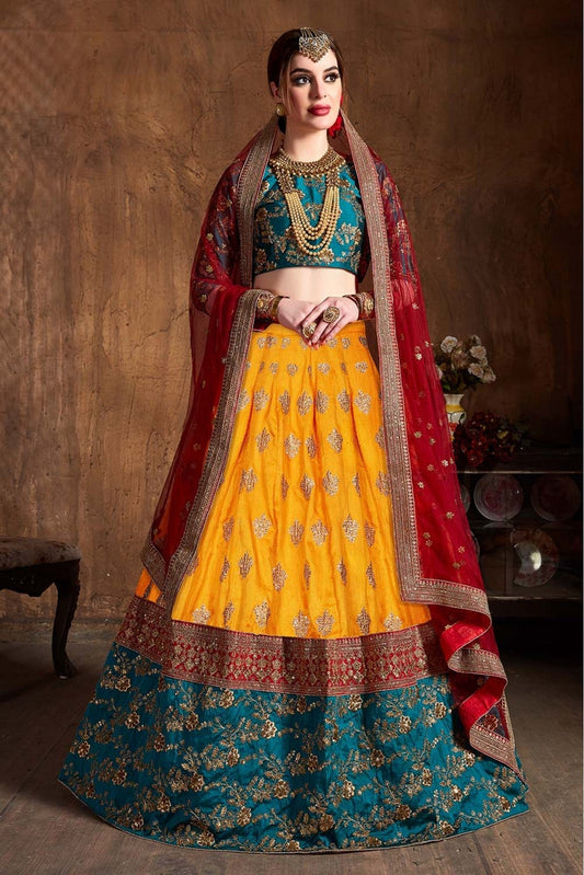 Yellow and Teal Colour Banarasi Silk Lehenga Choli